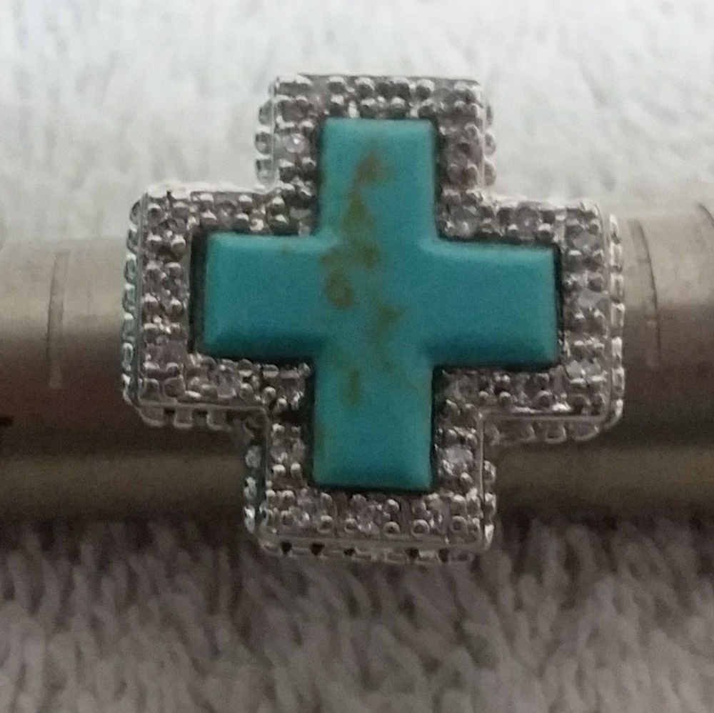 Sterling Silver Cross Howlite Stone Ring with CZs